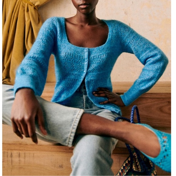 SEZANE NWOT Blue Square Neck Balloon Sleeve Mohair Wool Cardigan Esmee Sweater S - Picture 1 of 15